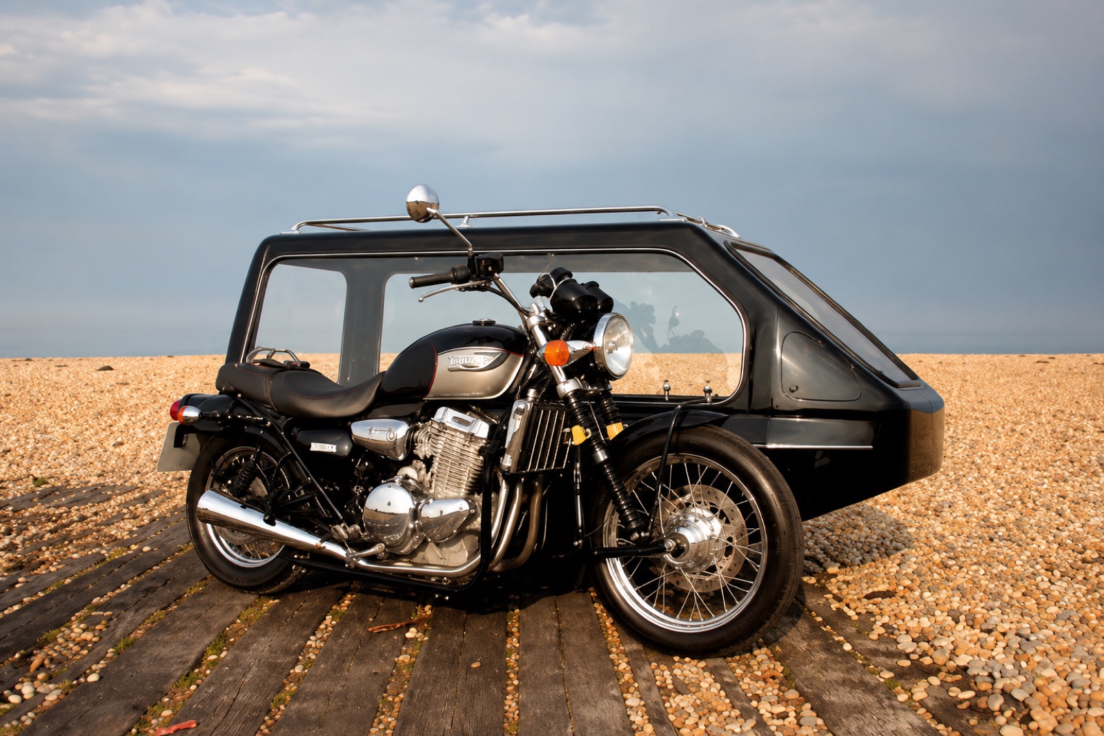 Motorbike with sidecar hearse — alternative funeral vehicle