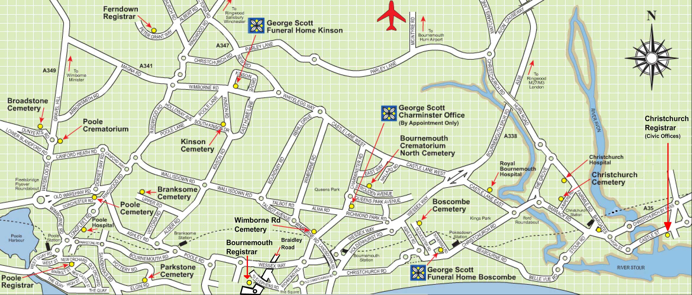 Map of the Bournemouth area showing George Scott funeral homes, local cemeteries, crematoria, hospitals and register offices